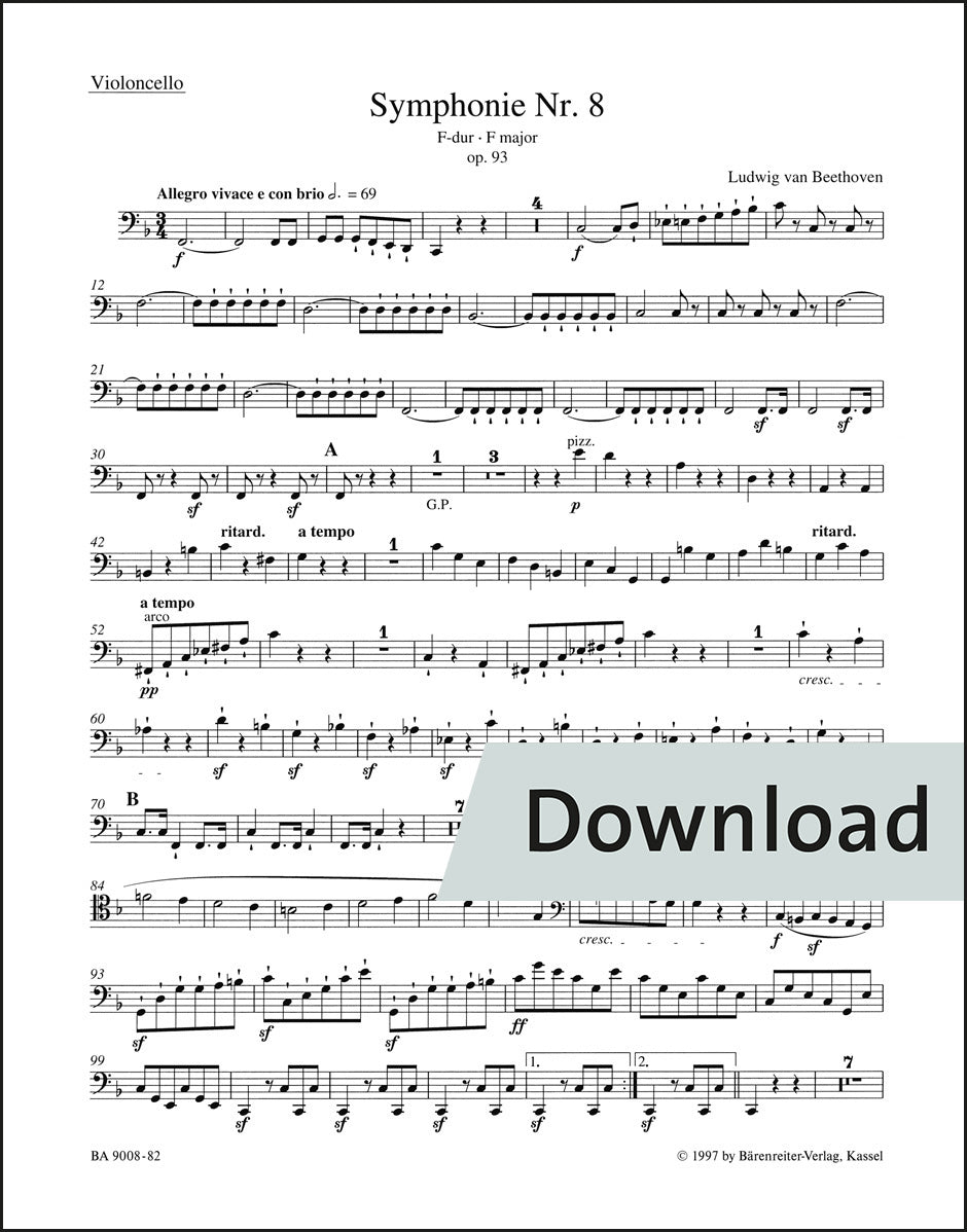 ベートーヴェン：交響曲第8番 ヘ長調 作品93（チェロパート譜）（2冊セット）【デジタル版】