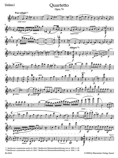 ベートーヴェン：弦楽四重奏曲 作品74、95／アレグレット 変ロ短調 WoO 210（ヴァイオリンパート譜）