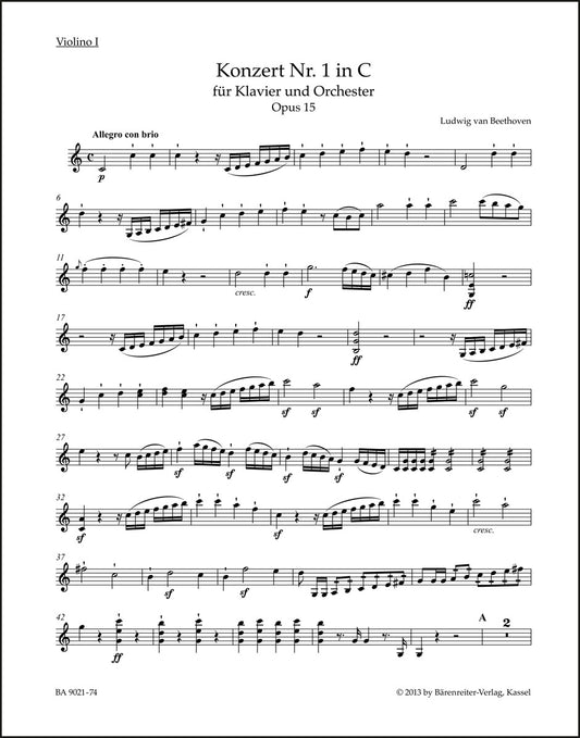 ベートーヴェン：ピアノ協奏曲第1番 ハ長調 作品15 パート譜（第1ヴァイオリン）（ヴァイオリンパート譜）（4冊セット）