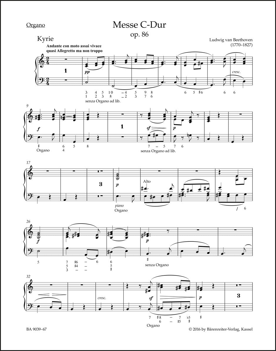 ベートーヴェン：ミサ曲 ハ長調 op. 86（オルガンパート譜）
