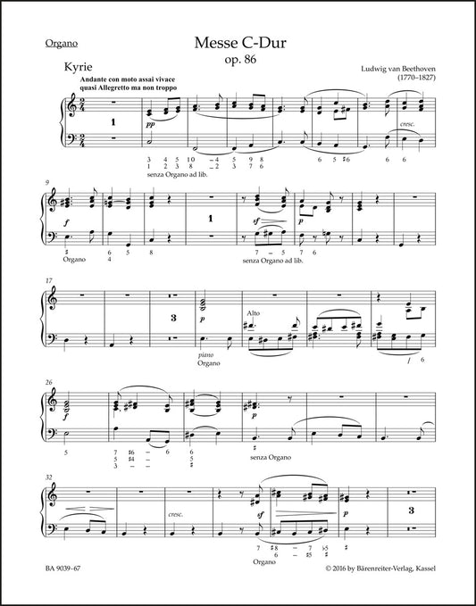 ベートーヴェン：ミサ曲 ハ長調 op. 86（オルガンパート譜）