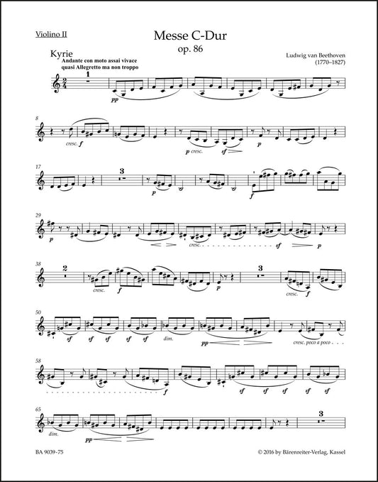 ベートーヴェン：ミサ曲 ハ長調 作品86（ヴァイオリン2パート譜）（ヴァイオリンパート譜）（4冊セット）