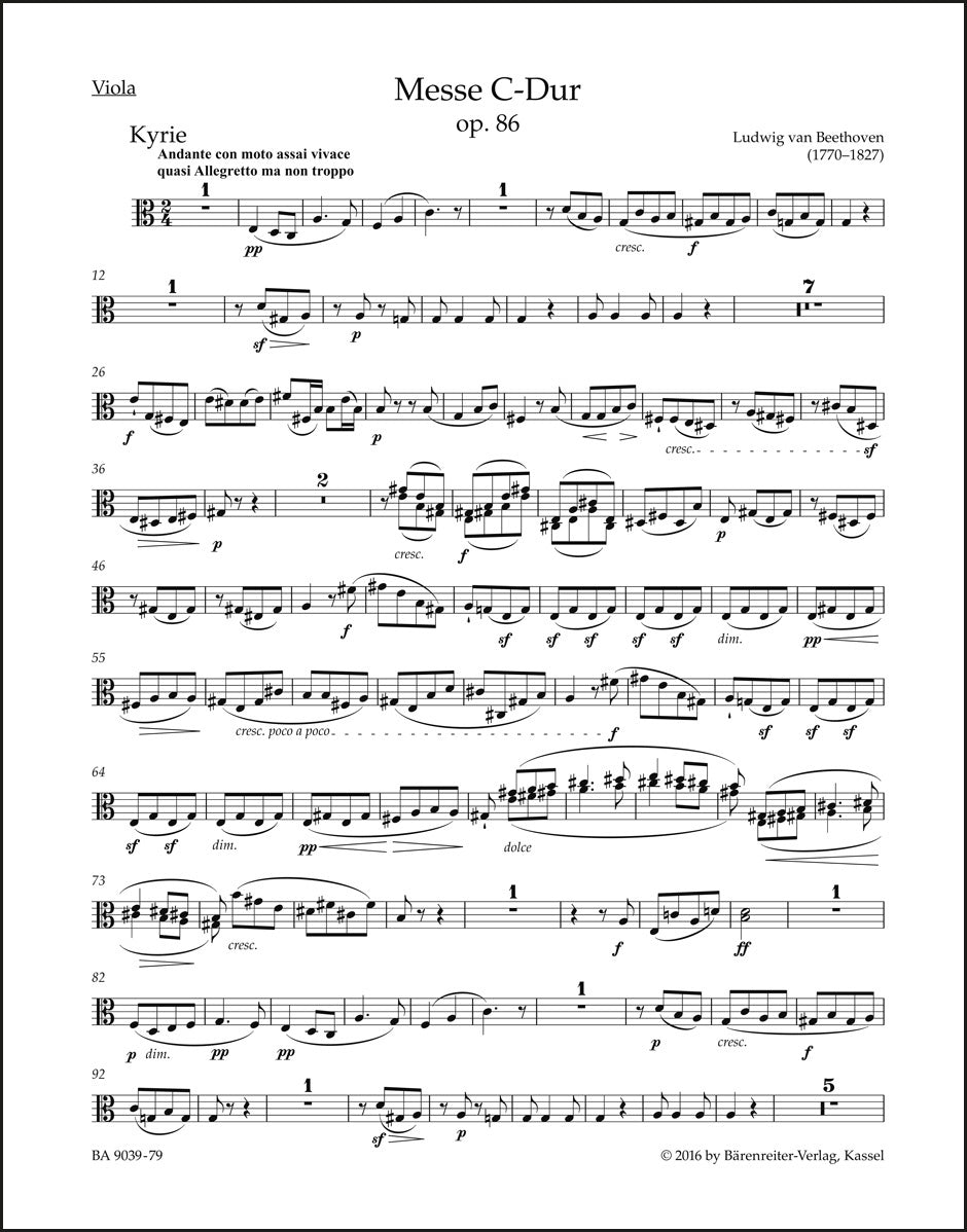ベートーヴェン：ハ長調ミサ曲 op. 86（ヴィオラ・パート譜）（ヴィオラパート譜）（3冊セット）