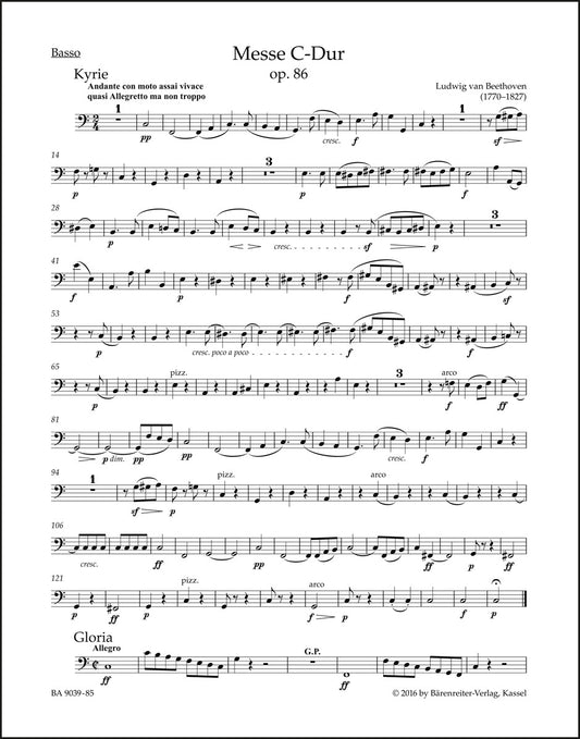 ベートーヴェン：ミサ曲 ハ長調 作品86（バスパート譜）（2冊セット）