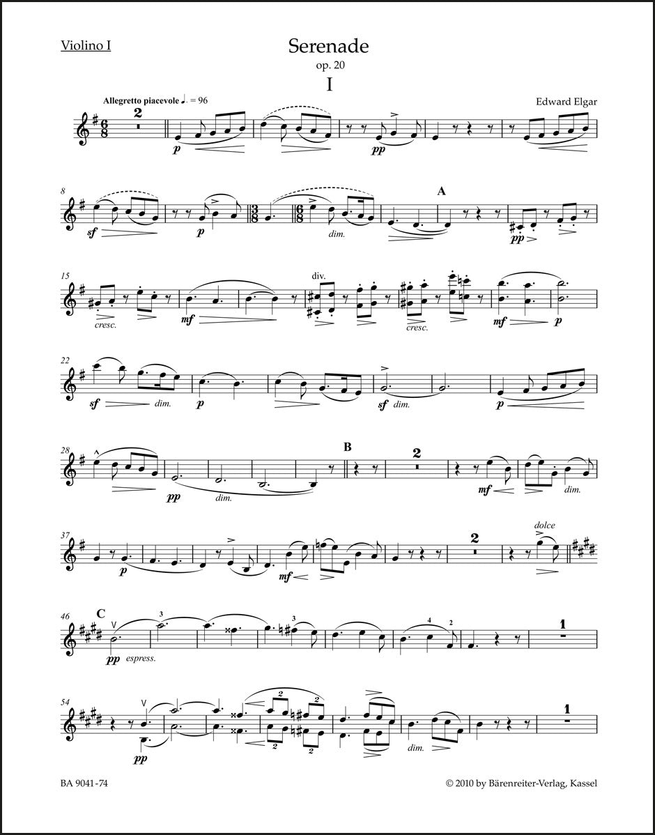 エルガー：弦楽セレナーデ op. 20（ヴァイオリンパート譜）（4冊セット）