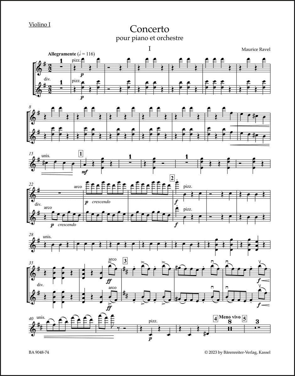 ラヴェル：ピアノと管弦楽のための協奏曲（第1ヴァイオリン パート譜）（ヴァイオリンパート譜）（4冊セット）