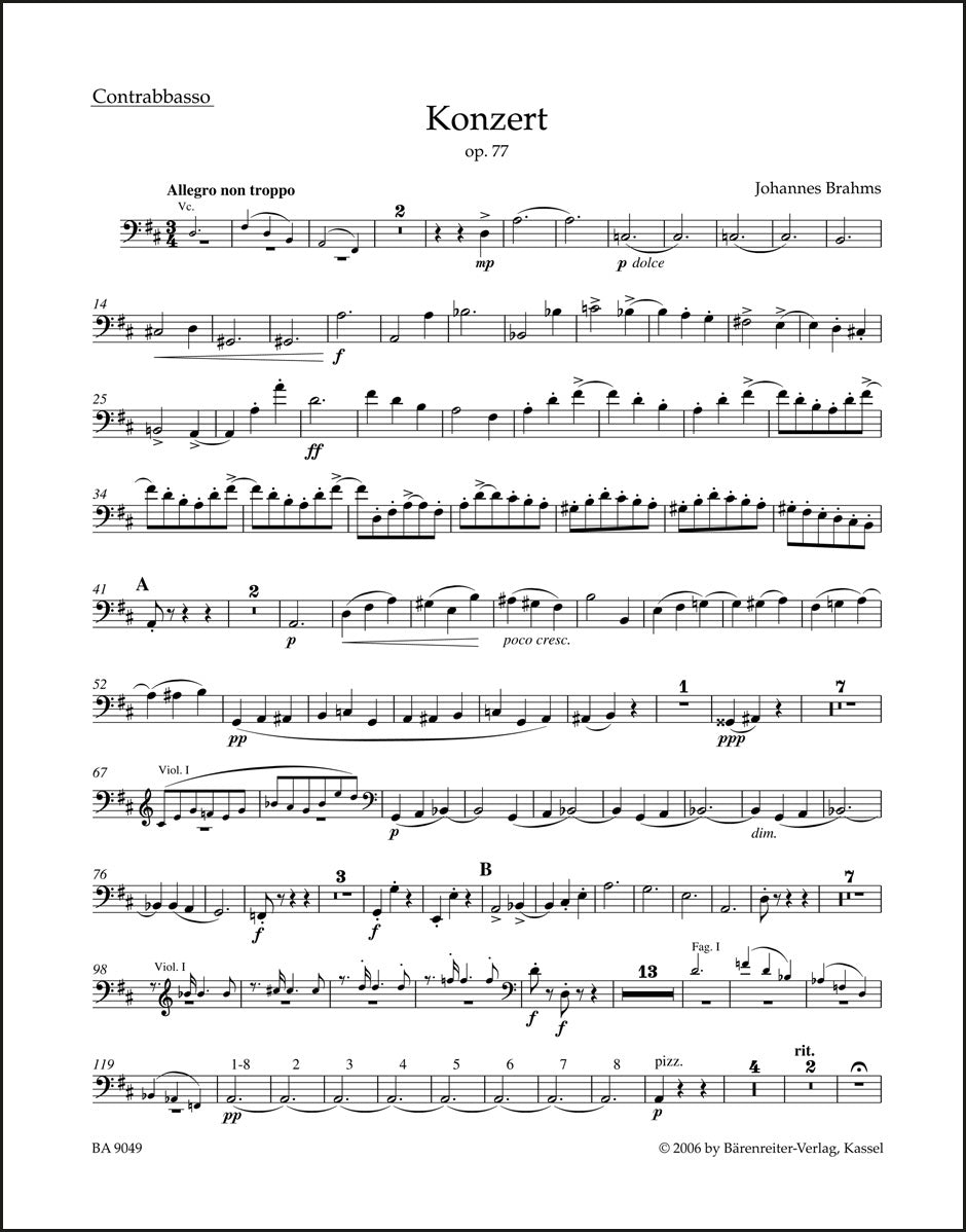 ブラームス：ヴァイオリン協奏曲 ニ長調 作品77（コントラバス・パート譜）（コントラバスパート譜）（2冊セット）