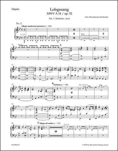 メンデルスゾーン：讃歌 op. 52 MWV A 18（オルガンパート譜）