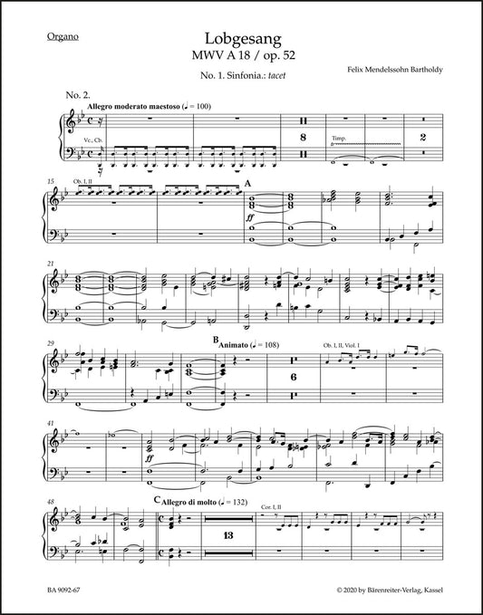 メンデルスゾーン：讃歌 op. 52 MWV A 18（オルガンパート譜）
