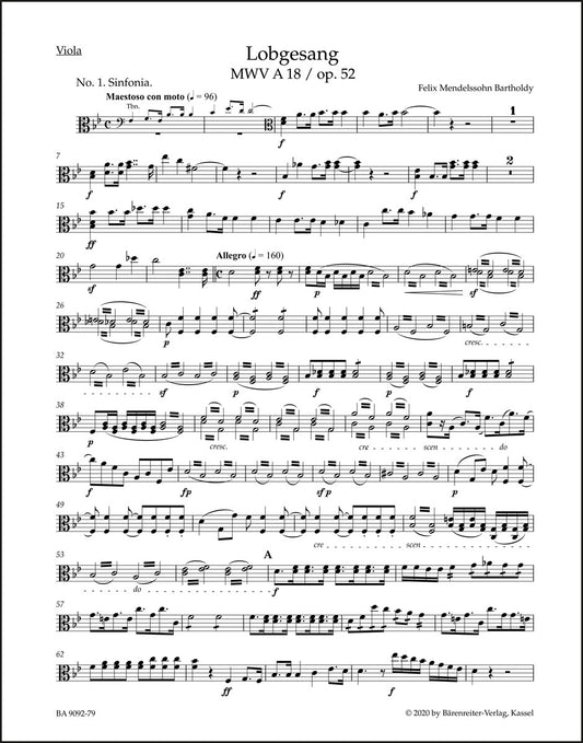 メンデルスゾーン：讃歌 op. 52 MWV A 18（ヴィオラパート譜）（3冊セット）