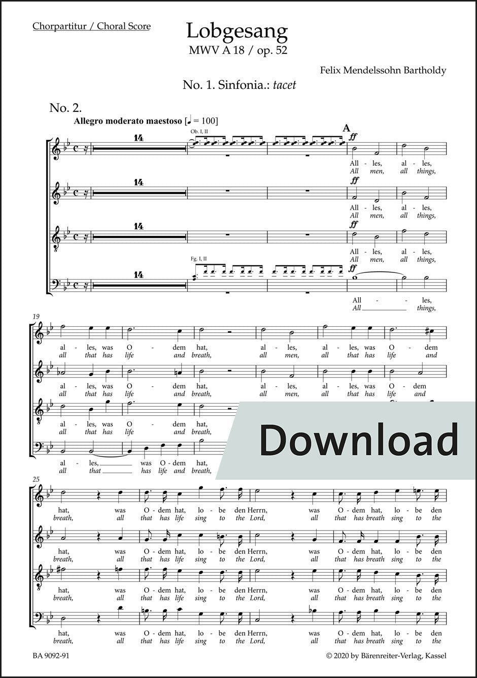 合唱／メンデルスゾーン：賛歌「讃美歌」op. 52 MWV A 18（10冊セット）【デジタル版】