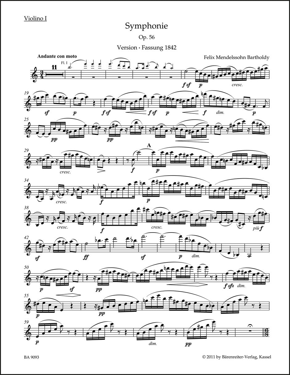 メンデルスゾーン：交響曲 イ短調 作品56「スコットランド」（ヴァイオリンパート譜）（4冊セット）