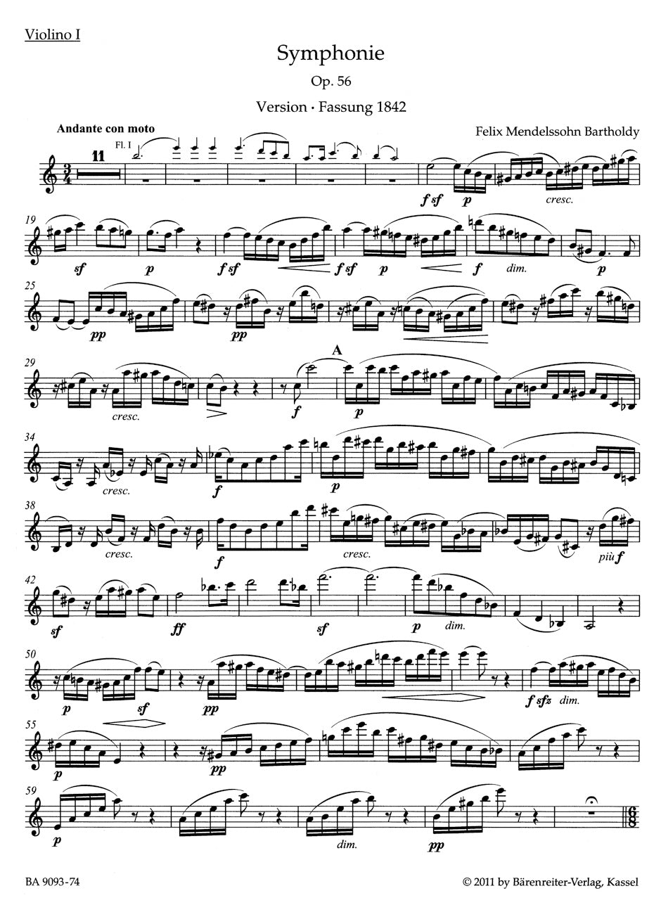 メンデルスゾーン：交響曲 イ短調 作品56「スコットランド」（ヴァイオリンパート譜）（4冊セット）