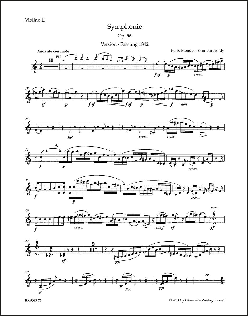 メンデルスゾーン：交響曲 イ短調 作品56「スコットランド」（ヴァイオリンパート譜）（4冊セット）