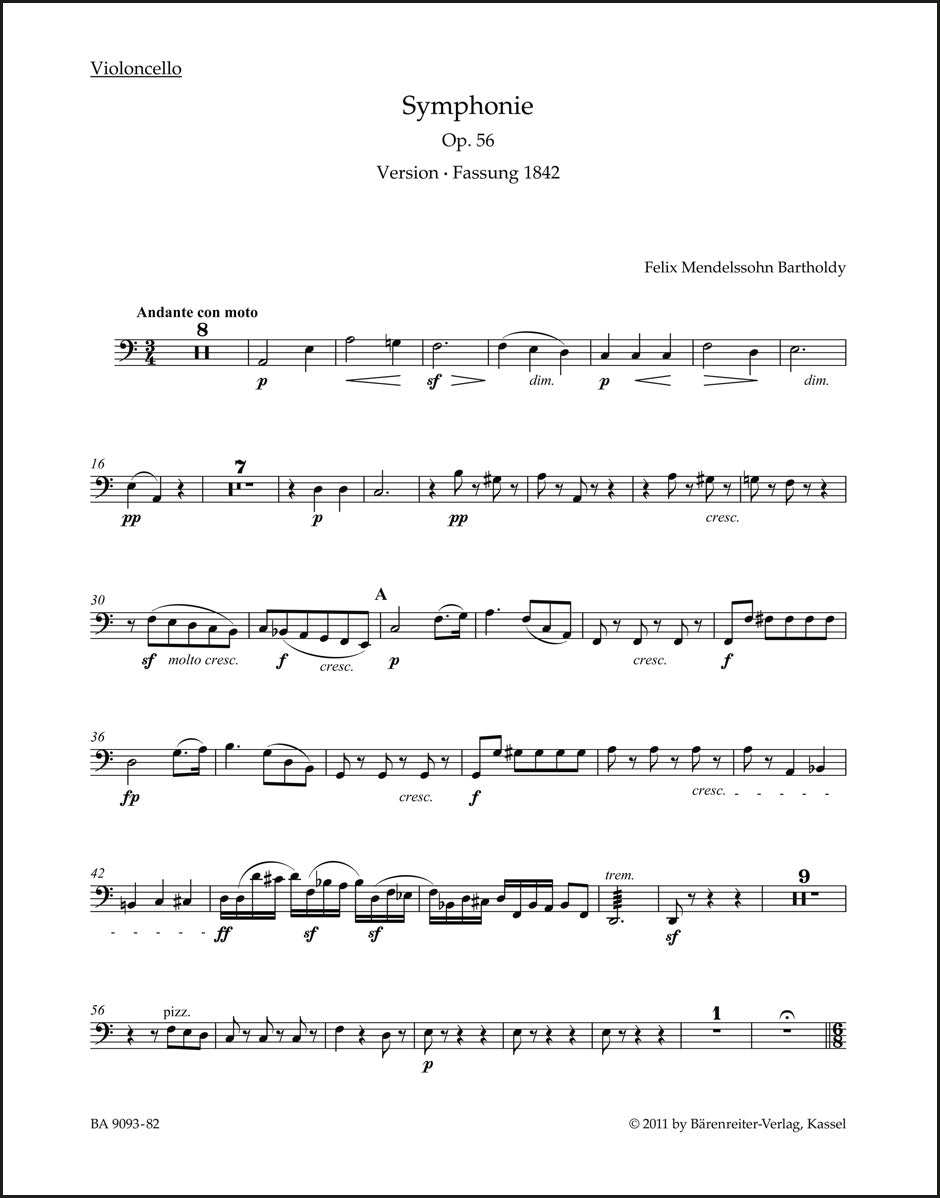 メンデルスゾーン：交響曲 イ短調 作品56「スコットランド」（チェロパート譜）（2冊セット）