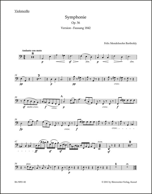 メンデルスゾーン：交響曲 イ短調 作品56「スコットランド」（チェロパート譜）（2冊セット）