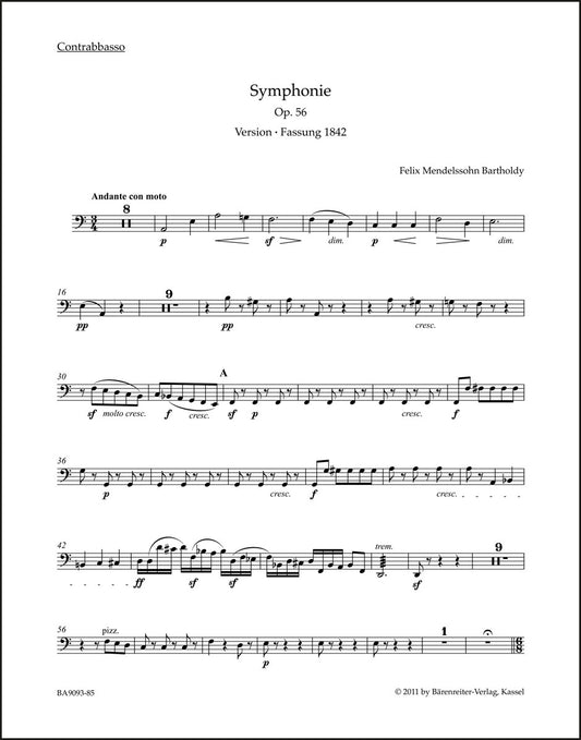 メンデルスゾーン：交響曲イ短調 作品56「スコットランド」（コントラバスパート譜）（2冊セット）