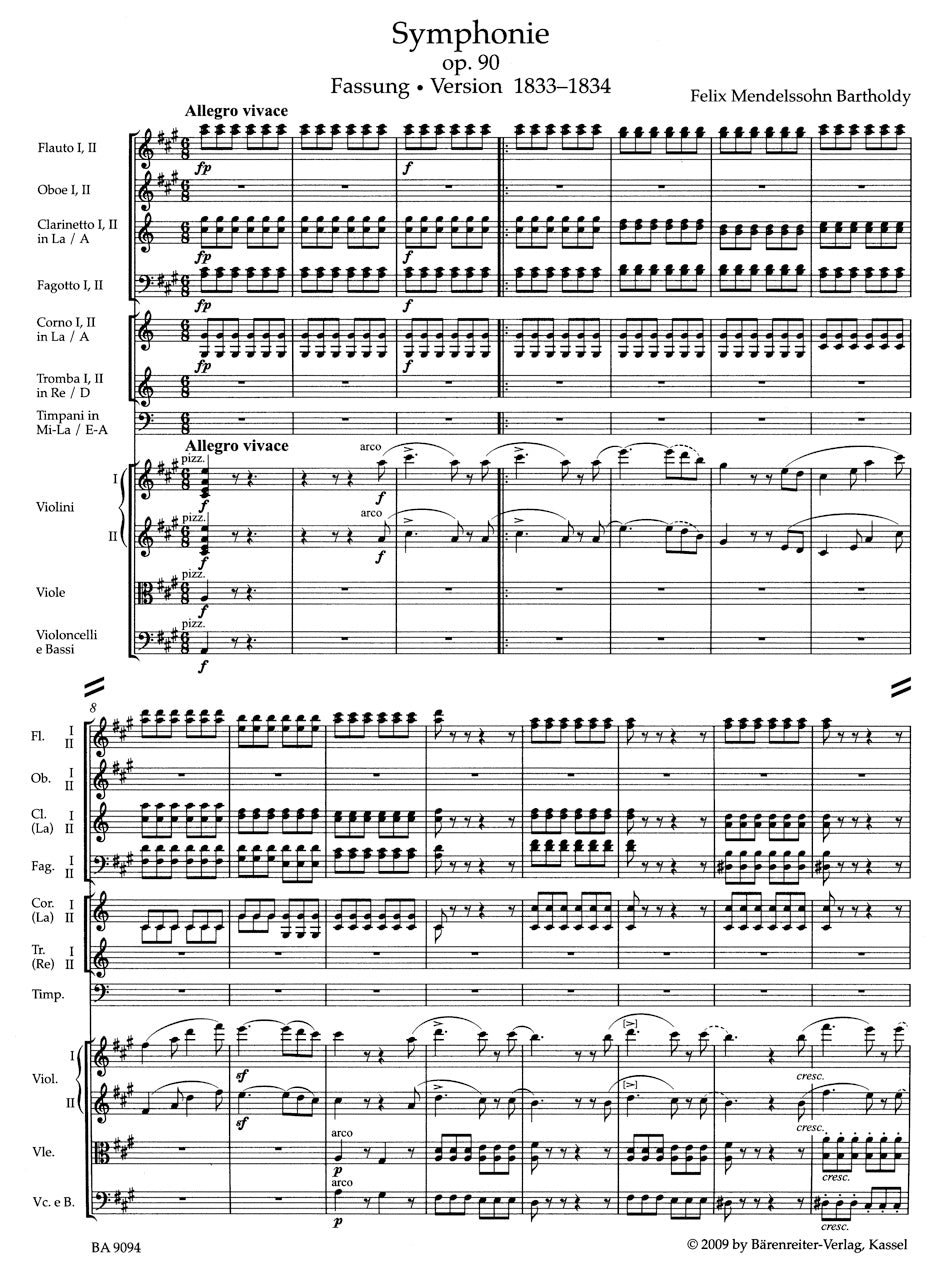 スコア／メンデルスゾーン：交響曲 第4番 イ長調 作品90「イタリア」（1833-1834）