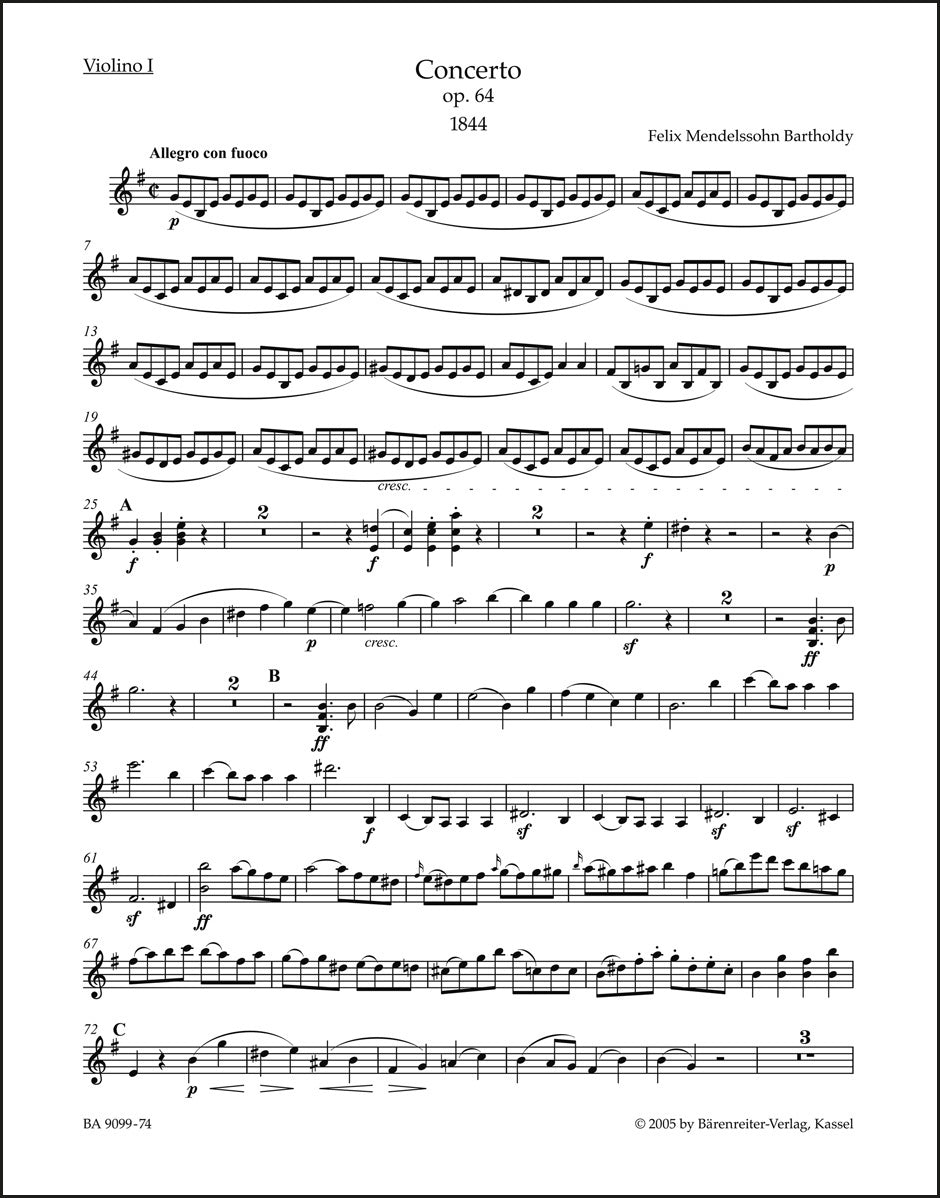 メンデルスゾーン：ヴァイオリン協奏曲 ホ短調 作品64（ヴァイオリンパート譜）（4冊セット）