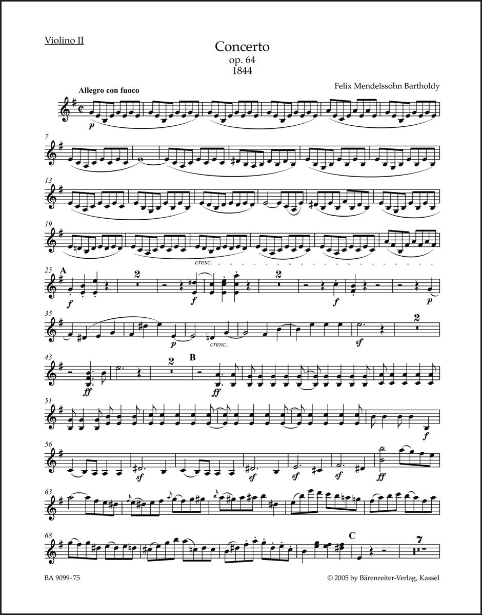 メンデルスゾーン：ヴァイオリン協奏曲 ホ短調 作品64（ヴァイオリンパート譜）（4冊セット）