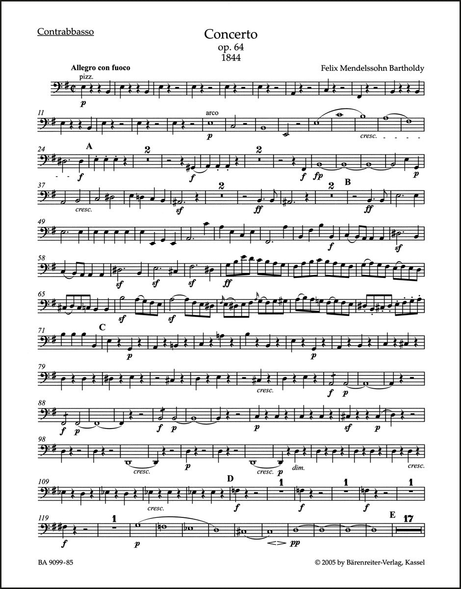 メンデルスゾーン：ヴァイオリン協奏曲 ホ短調 作品64（コントラバスパート譜）