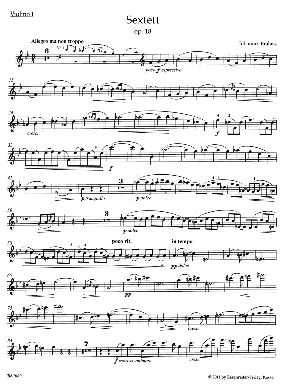 ブラームス：弦楽六重奏曲第1番 変ロ長調 作品18（ヴァイオリンパート譜）