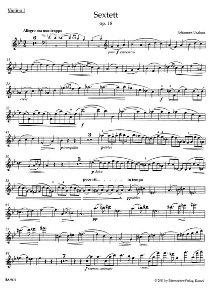 ブラームス：弦楽六重奏曲第1番 変ロ長調 作品18（ヴァイオリンパート譜）