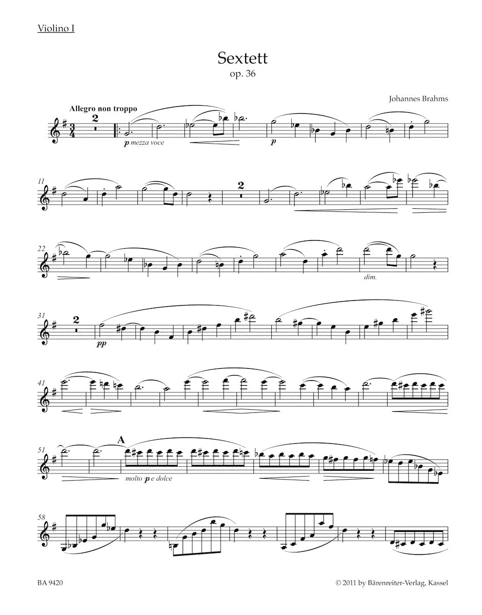 ブラームス：2つのヴァイオリン、2つのヴィオラと2つのチェロのための六重奏曲 ト長調 作品36（ヴァイオリンパート譜）