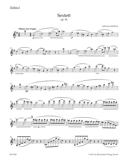 ブラームス：2つのヴァイオリン、2つのヴィオラと2つのチェロのための六重奏曲 ト長調 作品36（ヴァイオリンパート譜）