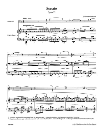チェロ／ブラームス：チェロとピアノのためのソナタ ヘ長調 作品99