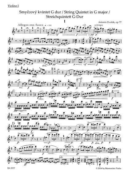 ドヴォルザーク：弦楽五重奏曲 ト長調 op. 77（ヴァイオリンパート譜）