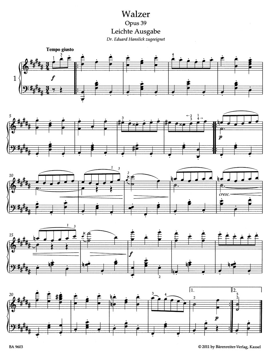 ピアノ／ブラームス：ワルツ集 作品39（易しい版）