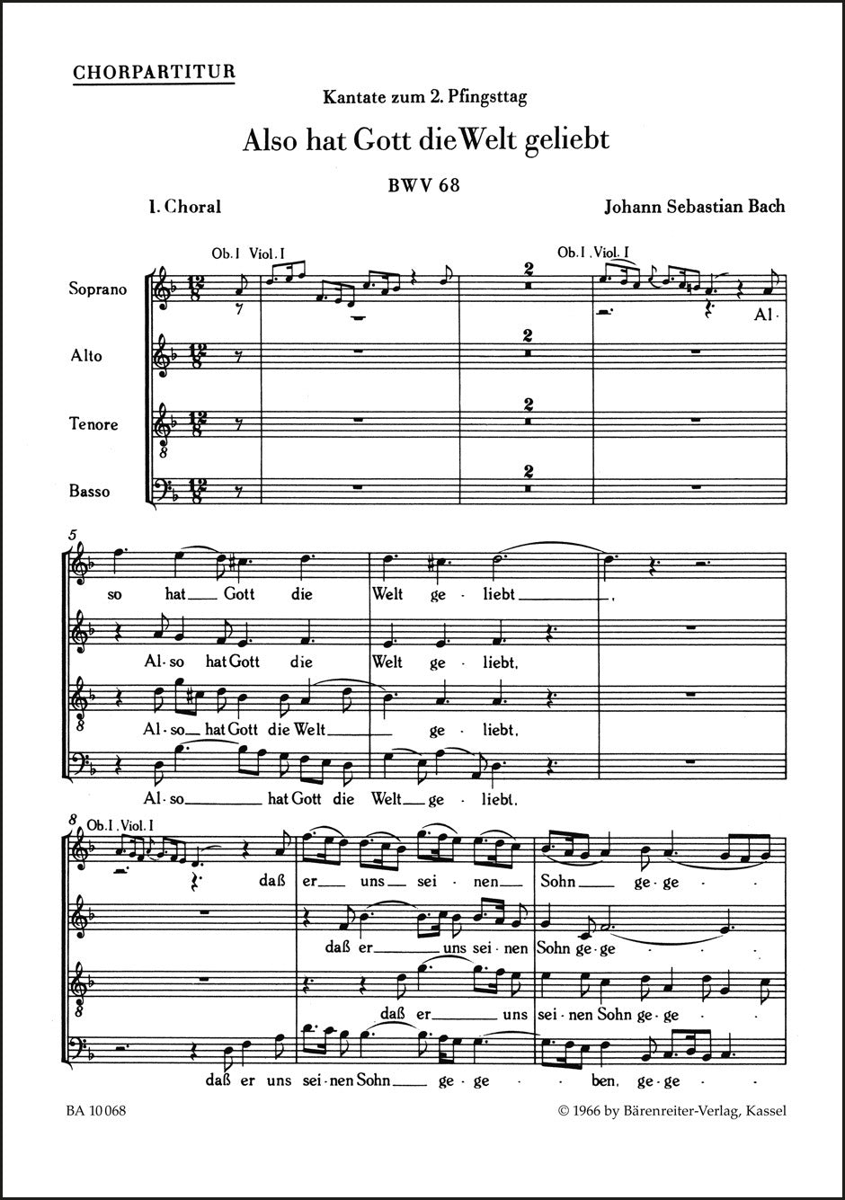 合唱／バッハ：神はかくも世を愛したもう BWV 68（10冊セット）