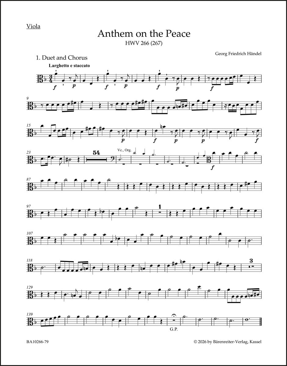 ヘンデル：平和のアンセム HWV 266 (267)（ヴィオラパート譜）（2冊セット）
