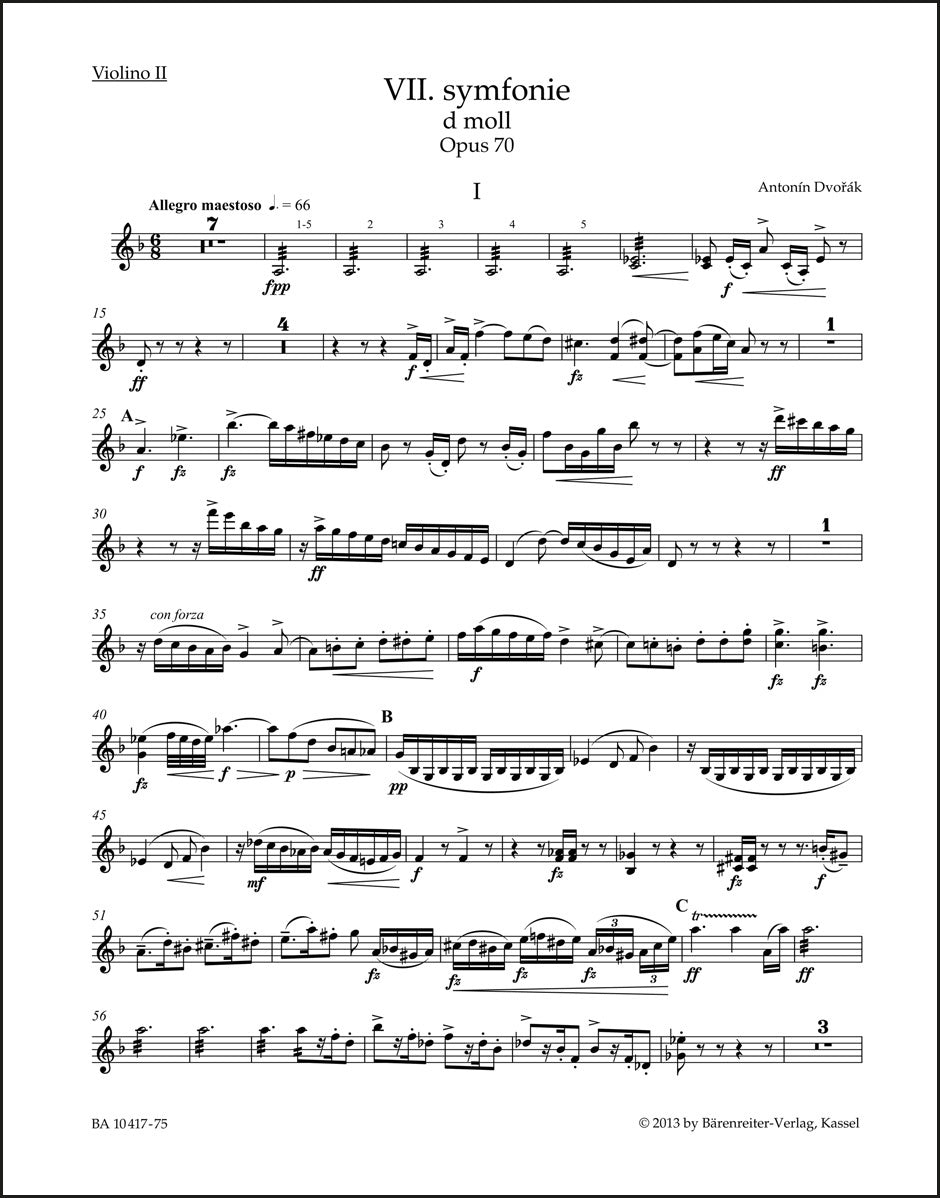 ドヴォルザーク：交響曲第7番 ニ短調 op. 70（ヴァイオリンパート譜）（4冊セット）