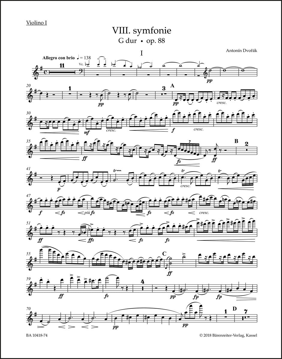 ドヴォルザーク：交響曲第8番 ト長調 作品88（ヴァイオリン1パート譜）（ヴァイオリンパート譜）（4冊セット）