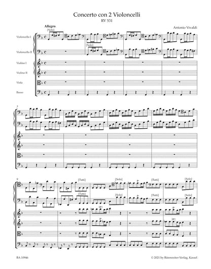 スコア／ヴィヴァルディ：2つのチェロと弦楽、通奏低音のための協奏曲 ト短調 RV 531