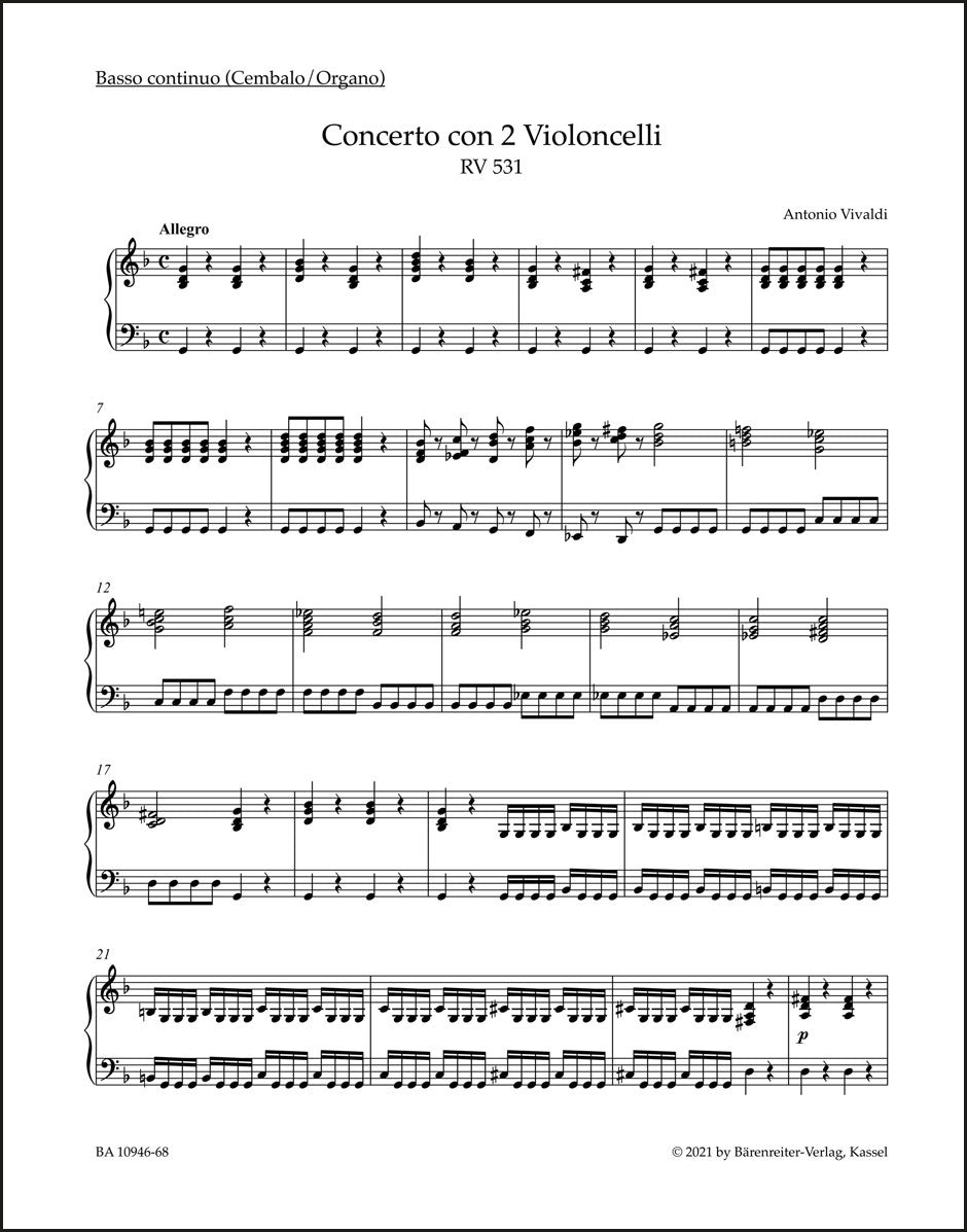 ヴィヴァルディ：2本のチェロ、弦楽と通奏低音のための協奏曲 ト短調 RV 531（鍵盤楽器パート譜）