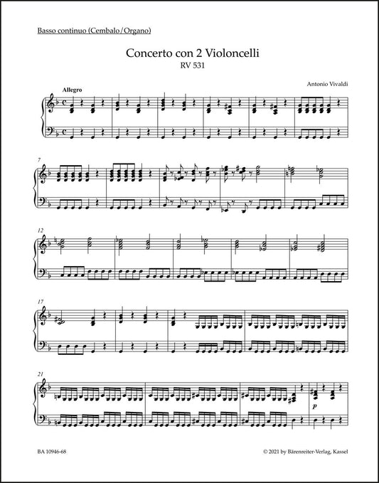 ヴィヴァルディ：2本のチェロ、弦楽と通奏低音のための協奏曲 ト短調 RV 531（鍵盤楽器パート譜）