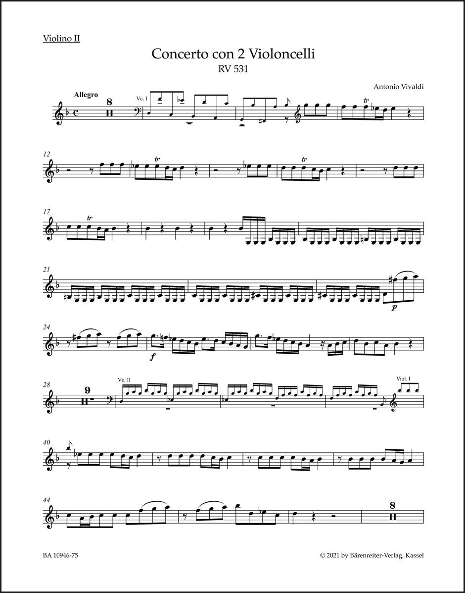 ヴィヴァルディ：2本のチェロ、弦楽と通奏低音のための協奏曲 ト短調 RV 531（ヴァイオリンパート譜）