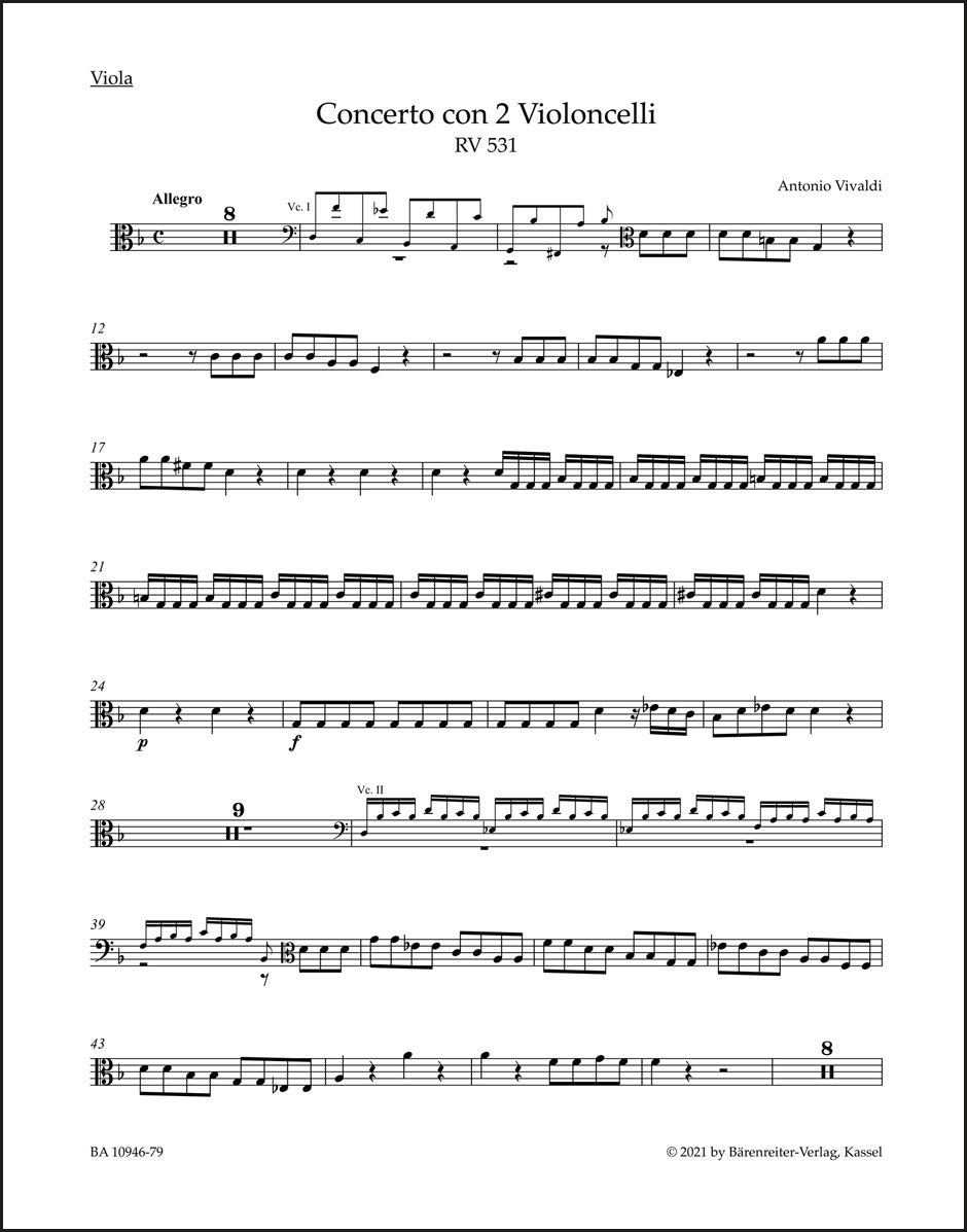 ヴィヴァルディ：2つのヴィオロンチェロ、弦楽と通奏低音のための協奏曲 ト短調 RV 531（ヴィオラパート譜）