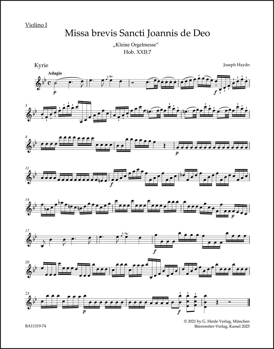 ハイドン：小オルガン・ミサ曲 ホーボーケン番号 XXII:7（ヴァイオリンパート譜）