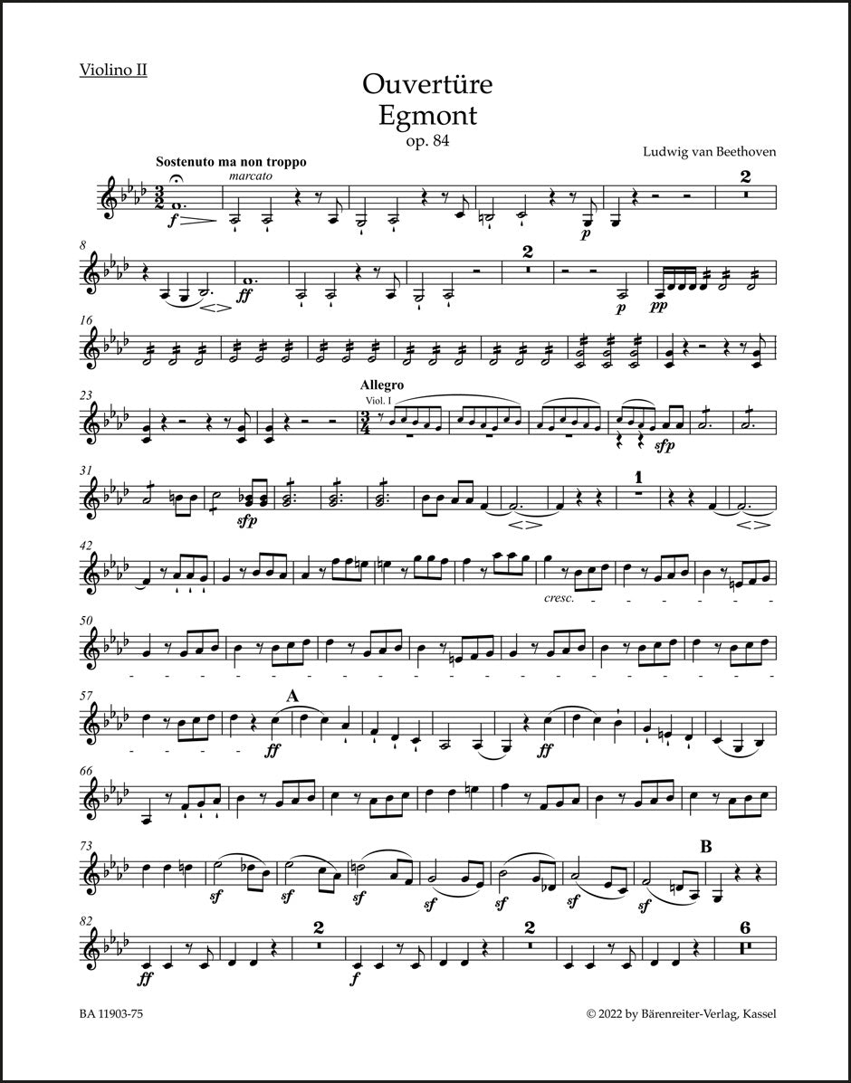 ベートーヴェン：序曲「エグモント」op. 84（第2ヴァイオリン パート譜）（ヴァイオリンパート譜）（4冊セット）