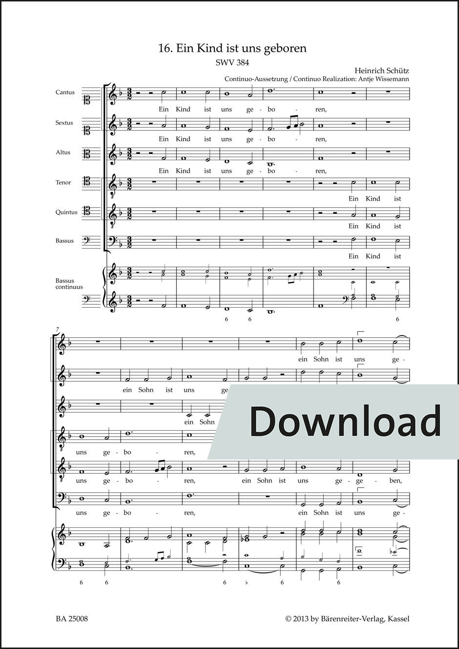 シュッツ：一人の嬰児がわれらのために生まれたり SWV384【デジタル版】
