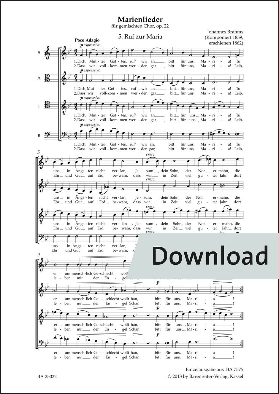 ブラームス：マリアへの呼びかけ op.22-5【デジタル版】