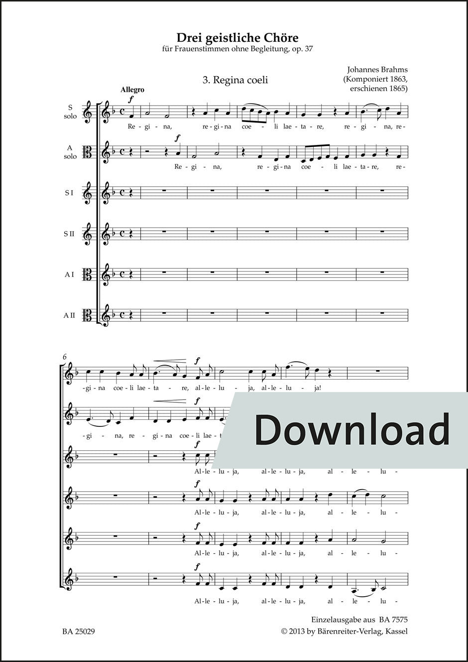 ブラームス：レジナ・チェリ(天の元后) op.37-3【デジタル版】