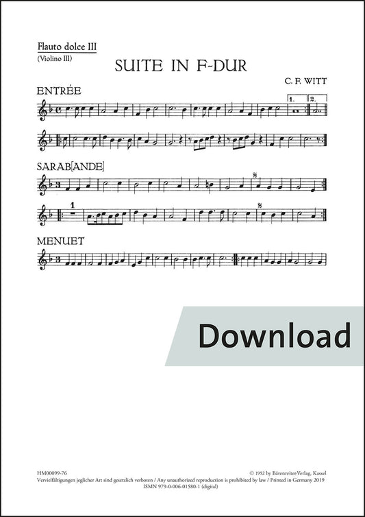 ヴィット：組曲(アルト・リコーダー2、テノール・リコーダーまたは他の楽器と通奏低音のための) ヘ長調 – 第3リコーダー(第3ヴァイオリン) パート譜【デジタル版】