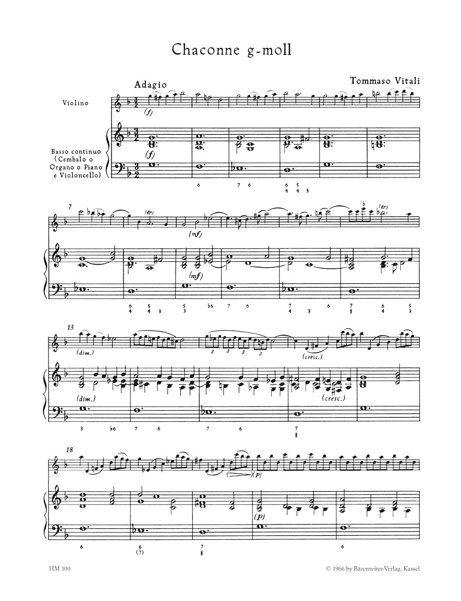 ヴァイオリン／ヴィターリ：ヴァイオリンと通奏低音のためのシャコンヌ ト短調