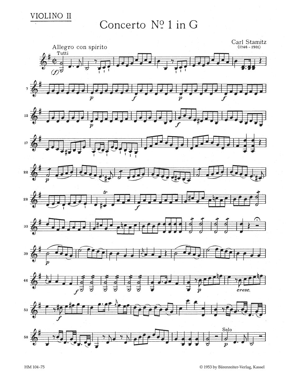 シュターミッツ：チェロと管弦楽のための協奏曲第1番 ト長調（ヴァイオリンパート譜）