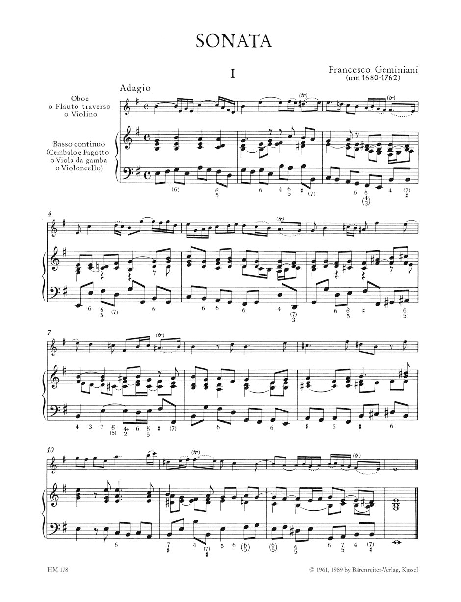 アンサンブル五重奏／ジェミニアーニ：オーボエまたはフルートまたはヴァイオリンと通奏低音のためのソナタ ホ短調